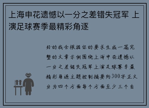 上海申花遗憾以一分之差错失冠军 上演足球赛季最精彩角逐