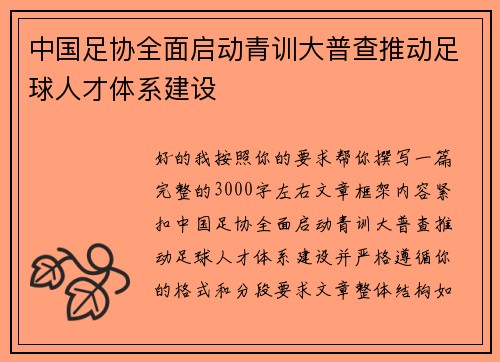 中国足协全面启动青训大普查推动足球人才体系建设
